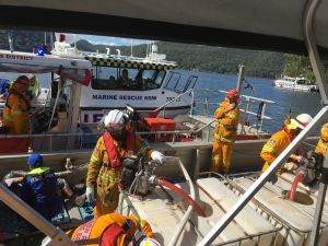 An RFS crew from the Hills district pumps out a "sinking vessel" while Marine Rescue treats a "casualty"
